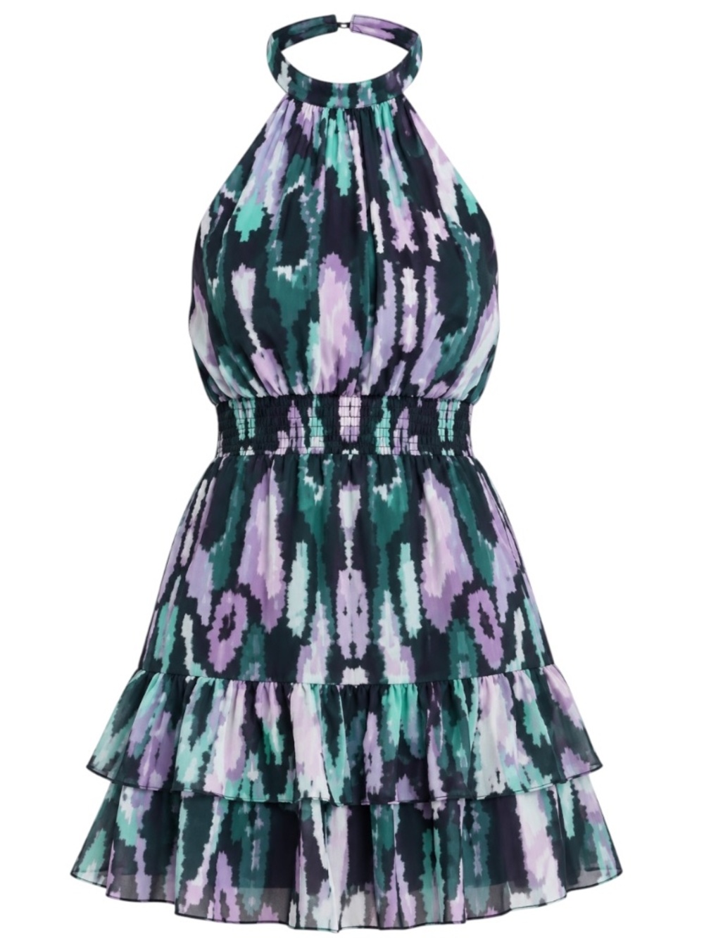 Chelsea28 Green Purple Ikat Halter Ruffle Mini Dress Size S NWOT